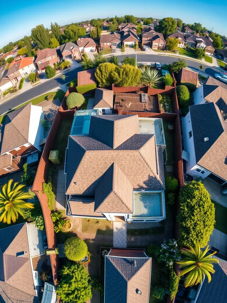 An aerial view of a successfully completed residential development project, showcasing modern architecture and landscaping.