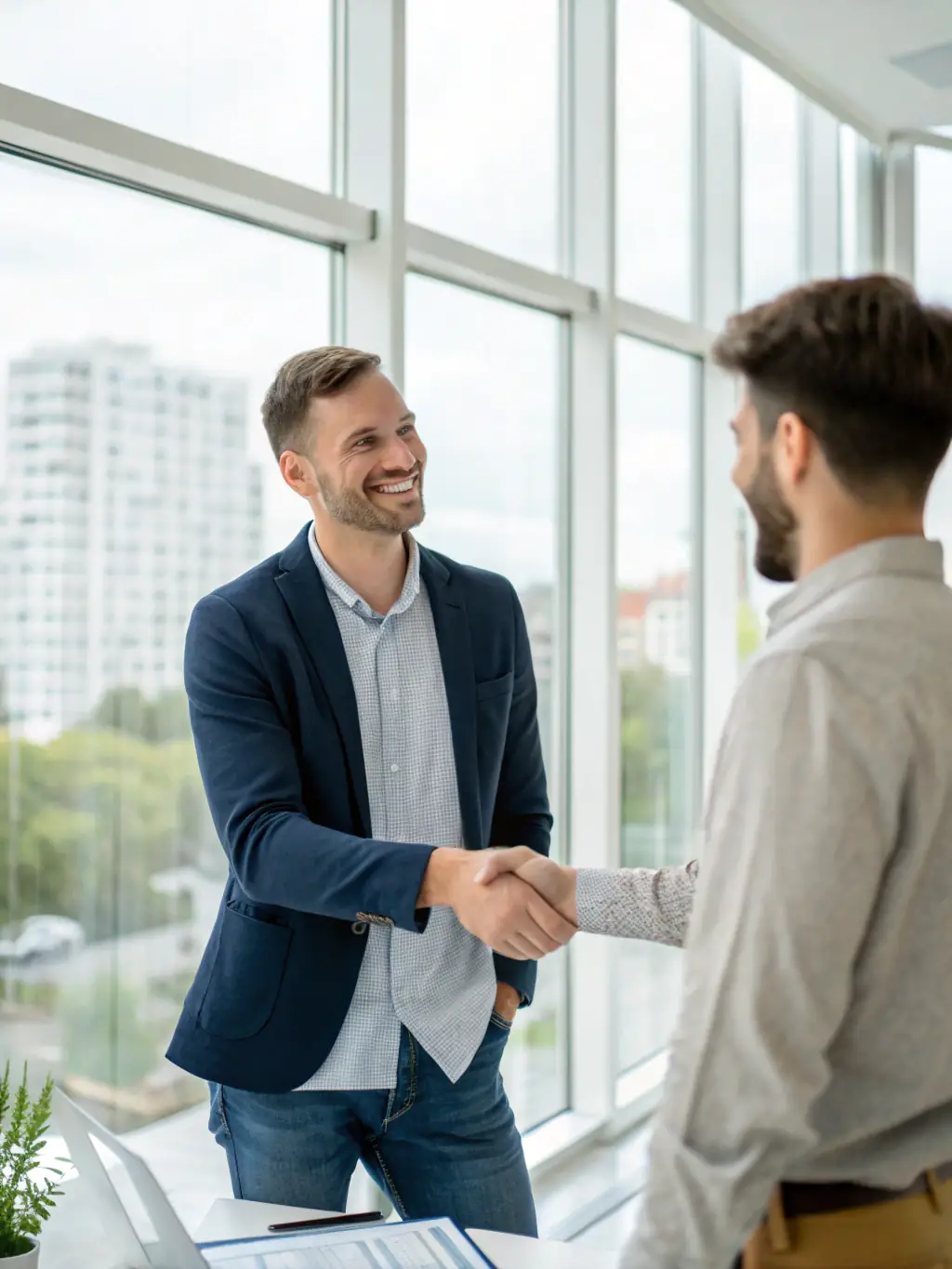 A handshake between a Howard Dargan representative and a satisfied client in front of a newly sold property.