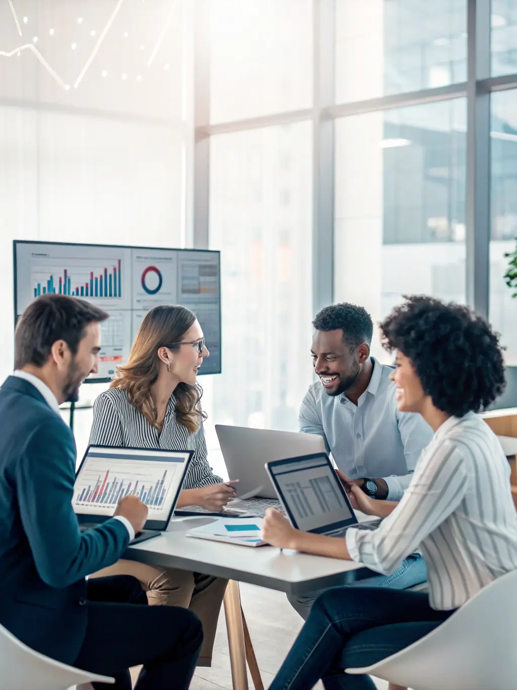 A dynamic image of a team collaborating on marketing strategies, with charts and data visualizations in the background.